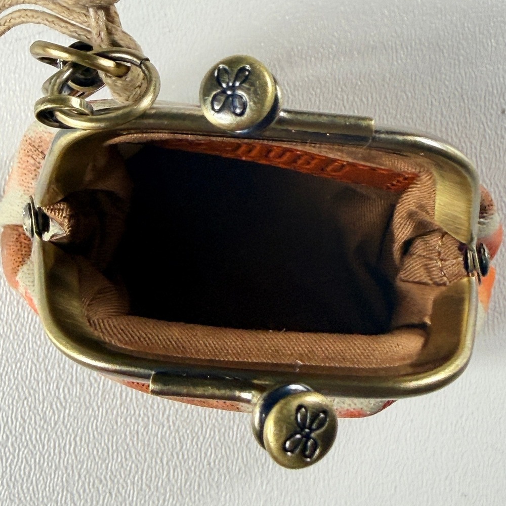 Hobo Leather Kiss Lock Coin Purse Orange Cream Polka Dot Keychain Pouch - Picture 4 of 8